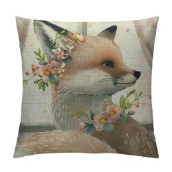 Little Girl Fox Throw Pillow Cover Cartoon Portrait Animal Wild Wreath Floral Cute Adorable Cartoon Sketch Pillow Case Inch Decorative Men Women Boy Girl Room Cushion Cover for Home Couch