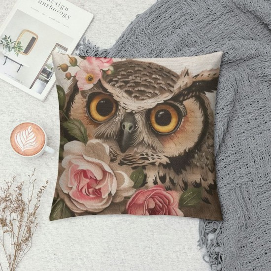 Watercolor Owl Throw Pillow Covers ,Cute Owl Flower Brown Owl Linen Cushion Cases Decorative Pillow Cases for Couch Sofa Bedroom