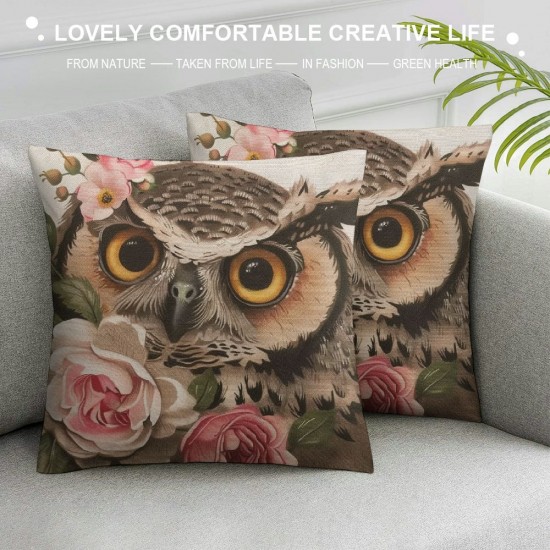 Watercolor Owl Throw Pillow Covers ,Cute Owl Flower Brown Owl Linen Cushion Cases Decorative Pillow Cases for Couch Sofa Bedroom