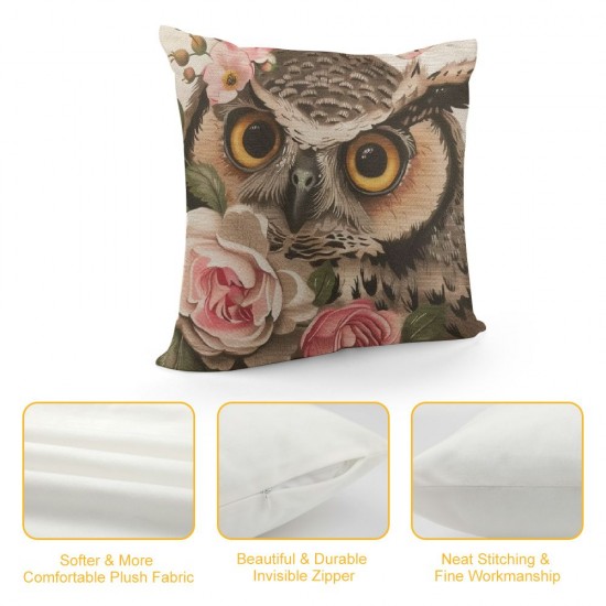 Watercolor Owl Throw Pillow Covers ,Cute Owl Flower Brown Owl Linen Cushion Cases Decorative Pillow Cases for Couch Sofa Bedroom