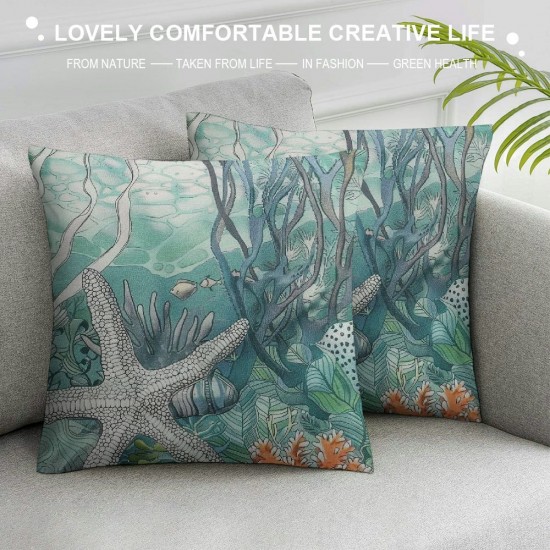 Summer Pillow Covers Set of , Beach Coral Starfish Decorative Blue Coastal Throw Pillows Ocean Themed Farmhouse Cushion Outdoor Pillow Covers for Sofa Couch Outdoor Decor