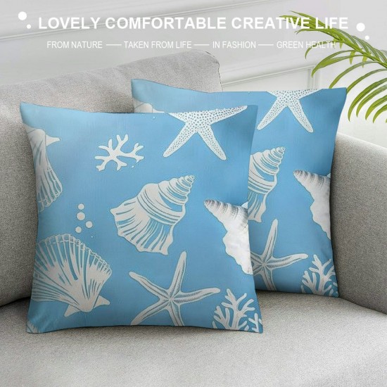 Qinduosi Nautical Coastal Pillow Covers Set of Summer Ocean Themed Coral Seashells Starfish Pillows Case Soft Outdoor Beach House Decor Cushion Covers for Bedroom Living Room,Light Blue