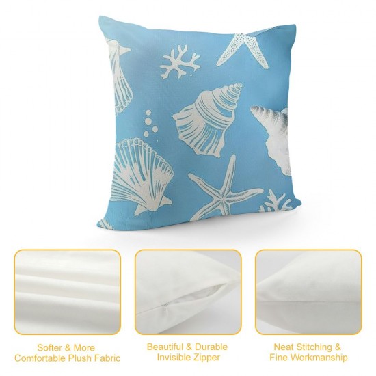 Qinduosi Nautical Coastal Pillow Covers Set of Summer Ocean Themed Coral Seashells Starfish Pillows Case Soft Outdoor Beach House Decor Cushion Covers for Bedroom Living Room,Light Blue