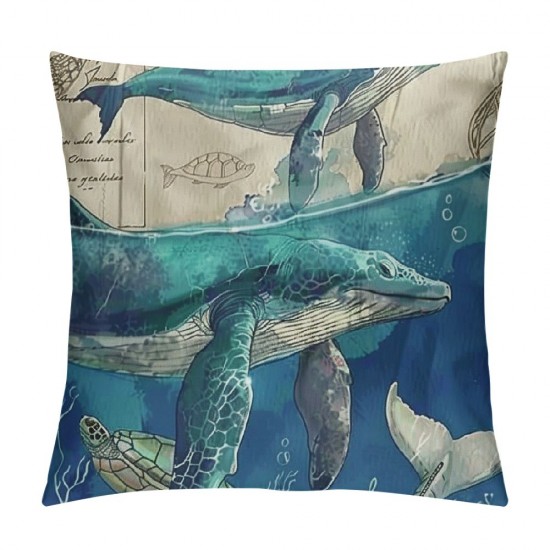 Throw Pillow Covers Home Decor Set of  Turtle Sea Animal Summer Vintage Painting Whale Leaf Fish Pillow Cases Decorative Inches Outdoor Cushion Couch Sofa Pillowcases