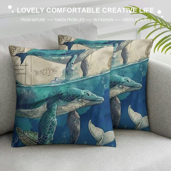 Throw Pillow Covers Home Decor Set of  Turtle Sea Animal Summer Vintage Painting Whale Leaf Fish Pillow Cases Decorative Inches Outdoor Cushion Couch Sofa Pillowcases