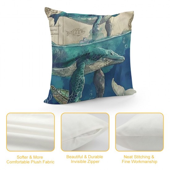 Throw Pillow Covers Home Decor Set of  Turtle Sea Animal Summer Vintage Painting Whale Leaf Fish Pillow Cases Decorative Inches Outdoor Cushion Couch Sofa Pillowcases