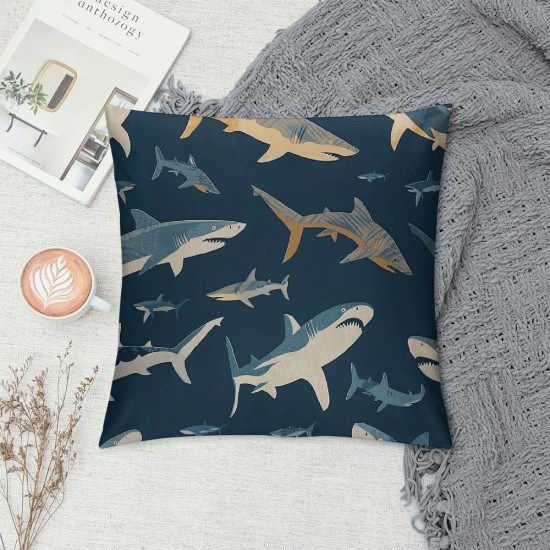 Blue Cartoon Shark Print Linen Throw Pillow Case Home Decorative Cushion Cover for Sofa Couch Bedding Inches