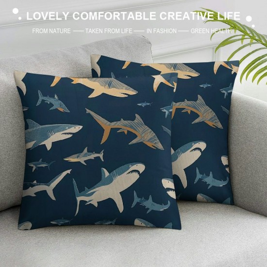 Blue Cartoon Shark Print Linen Throw Pillow Case Home Decorative Cushion Cover for Sofa Couch Bedding Inches