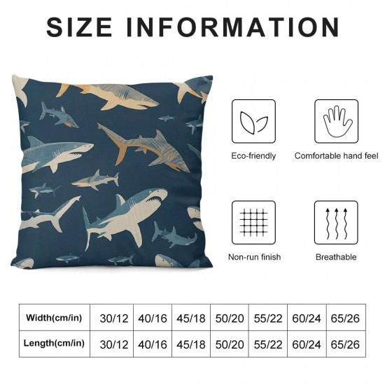 Blue Cartoon Shark Print Linen Throw Pillow Case Home Decorative Cushion Cover for Sofa Couch Bedding Inches