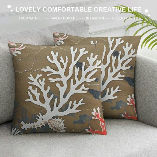 Qinduosi Tan Coastal Throw Pillow Covers Inch, Nautical Beachy Coral Starfish Pillow Covers Summer Decorative Pillowcase Linen Square Cushion Cover for Bedroom Living Room Sofa Outdoor, Set of