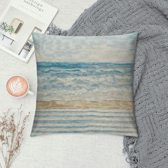 Beach Coastal Decorative Pillow Cover ONLY for Couch, Sofa, or Bed, Light Blue Tan Taupe Color Blocked Stripe,