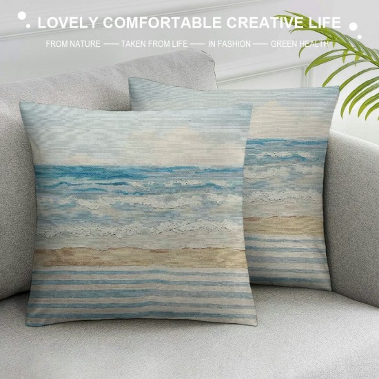 Beach Coastal Decorative Pillow Cover ONLY for Couch, Sofa, or Bed, Light Blue Tan Taupe Color Blocked Stripe,