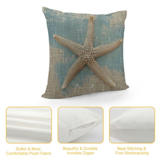 Set of  Linen Throw Pillow Cover Seas Day Vintage Beach Starfish Canvas Look Coastal Decorative Pillow Case Whimsical Home Decor Rectangle Queen Size Inch Cushion Pillowcase