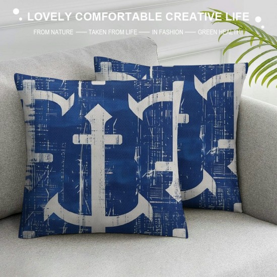 Qinduosi  Anchor Decorative Pillow Cover for Couch Nautical Decor Square Linen Cushion Case Sofa Home Decorations Dark Blue