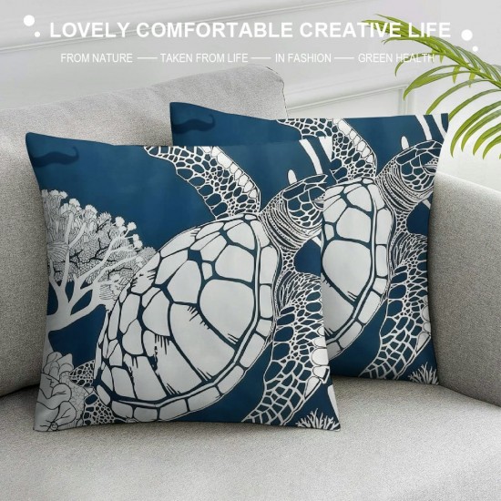 Nautical Coastal Throw Pillow Covers Set of , Beach Turtle Coral Decorative Pillow Case Ocean Themed Accent Cushion Cover for Couch Bedroom Sofa, Navy Blue, "