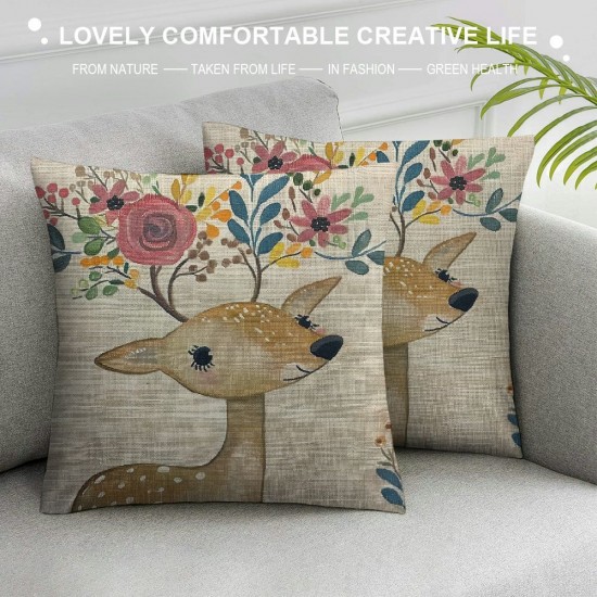 Qinduosi  Watercolor Deer Throw Pillow Cover Animal Cartoon Cute Boho Woodland Baby Nursery Pillow Case Inch Decorative Men Women Boy Girl Room Cushion Cover for Home Couch Bed