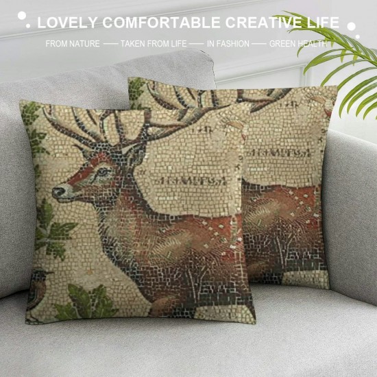 Qinduosi Vintage Wildlife AnimalsThrow Pillow Covers Squirrel Bear Elk Rabbit with Green Plants Cushion Cover Home Decor Square Linen Pillowcase  Set of  (Animals)