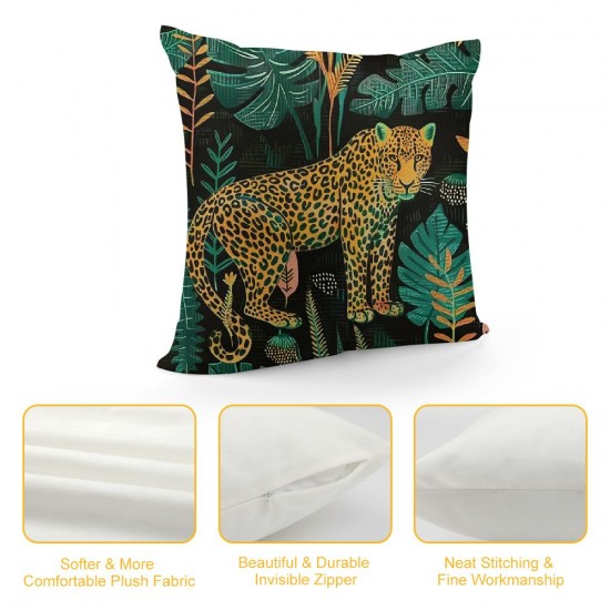 Qinduosi Leopard Pillow Covers, Cheetah Decorative, Jungle Tropical Leaves Print Throw Pillow Covers, Inches Linen Square Cushion Pillowcases for Sofa Couch Bed, Farmhouse Home Decor