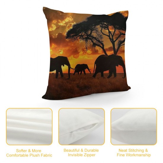 Qinduosi  Throw Pillows Covers Black Silhouette Elephants African Wild Animal Herd in The Sunset Home Decorative,Cushion Cover for Bedroom Sofa Living Room Pack of