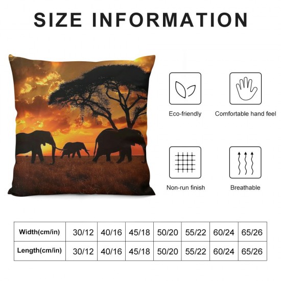 Qinduosi  Throw Pillows Covers Black Silhouette Elephants African Wild Animal Herd in The Sunset Home Decorative,Cushion Cover for Bedroom Sofa Living Room Pack of