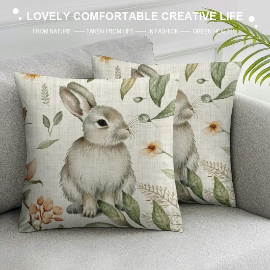 Qinduosi Spring Easter Pillow Covers Pack of  Bunny Floral Leaf Throw Pillow Covers Outdoor Indoor,Spring Holiday Decor Rabbit Pillowcase Farmhouse Decorative Linen Cushion Case for Home Sofa