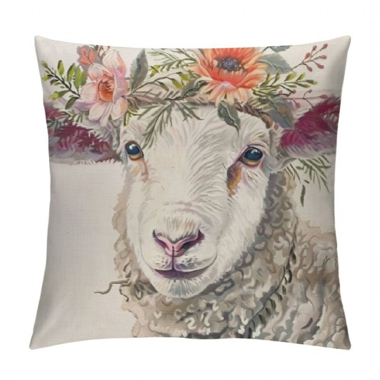 Qinduosi Pack Farmhouse Cute Animals Pillow Covers Watercolor Baby Pigs Goats Sheep with Flowers Leaves Wreath Print Throw Pillow Case Linen Home Chair Cushion Cover  (Pig Sheep)