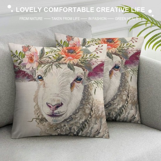 Qinduosi Pack Farmhouse Cute Animals Pillow Covers Watercolor Baby Pigs Goats Sheep with Flowers Leaves Wreath Print Throw Pillow Case Linen Home Chair Cushion Cover  (Pig Sheep)