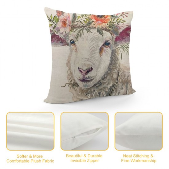 Qinduosi Pack Farmhouse Cute Animals Pillow Covers Watercolor Baby Pigs Goats Sheep with Flowers Leaves Wreath Print Throw Pillow Case Linen Home Chair Cushion Cover  (Pig Sheep)