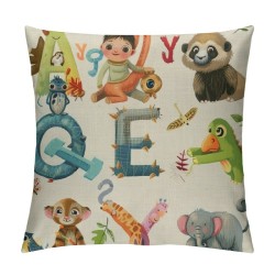 Animal Alphabet Throw Pillow Covers  Inch Linen Square Cushion Case Set of , Home Decoration Pillowcase and Outdoor Decorative Pillows for Couch Sofa Bed