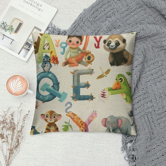 Animal Alphabet Throw Pillow Covers  Inch Linen Square Cushion Case Set of , Home Decoration Pillowcase and Outdoor Decorative Pillows for Couch Sofa Bed