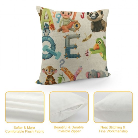 Animal Alphabet Throw Pillow Covers  Inch Linen Square Cushion Case Set of , Home Decoration Pillowcase and Outdoor Decorative Pillows for Couch Sofa Bed