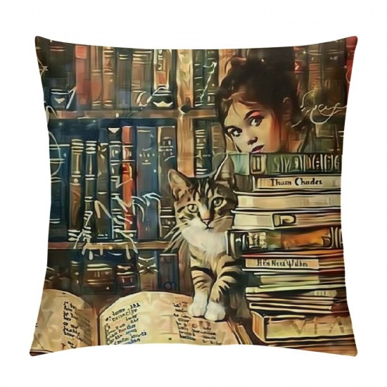 Qinduosi Read Books Cat Throw Pillow Cover Cushion Case Linen Home Office Decoration Inch