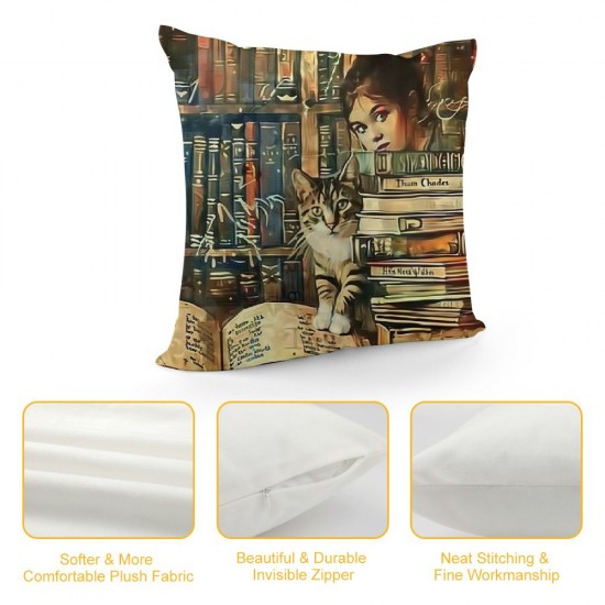 Qinduosi Read Books Cat Throw Pillow Cover Cushion Case Linen Home Office Decoration Inch