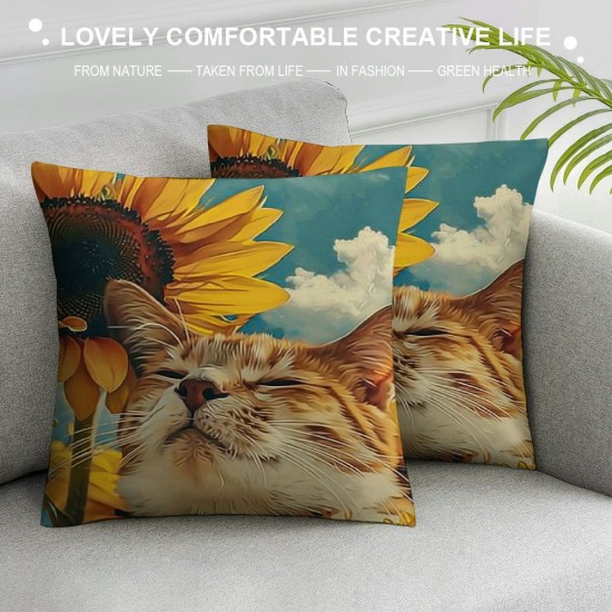 Qinduosi  Spring Pillow Covers Inch Orange Cat Sunflowers Throw Pillowcase Summer Home Sofa Bedroom Living Room Holiday Cushion Case Modern Decorations