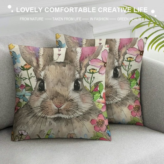 Qinduosi Spring Easter Pillow Covers Set of  Cute Bunny Rabbit Floral Easter Decorations Watercolor Pink Flower Butterfly Decorative Throw Pillow Cases Outdoor Farmhouse Decor for Sofa Couch Bed