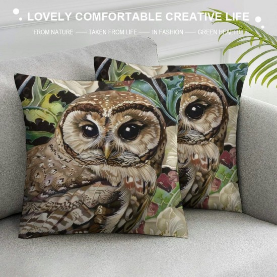 Watercolor Owl Pillowcases Bird Cute Animal in Plants and Flowers Art Painting Pillow Case Decorative Throw Pillow Cover for Home Sofa Office