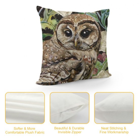 Watercolor Owl Pillowcases Bird Cute Animal in Plants and Flowers Art Painting Pillow Case Decorative Throw Pillow Cover for Home Sofa Office