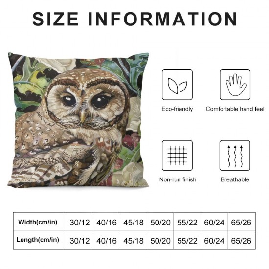 Watercolor Owl Pillowcases Bird Cute Animal in Plants and Flowers Art Painting Pillow Case Decorative Throw Pillow Cover for Home Sofa Office