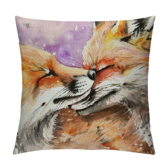 Animals Motherhood Pillow Cover Linen, Watercolor Fox Mother and Baby Fox Decorative Pillow Cover Cushion Cover Home Decor Pillowcase for Inch