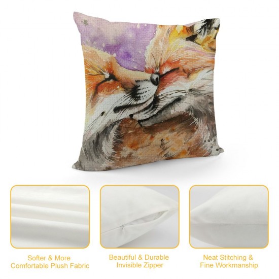 Animals Motherhood Pillow Cover Linen, Watercolor Fox Mother and Baby Fox Decorative Pillow Cover Cushion Cover Home Decor Pillowcase for Inch