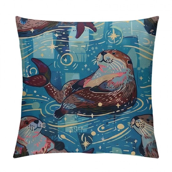 Animal Cute Brown Otters Linen Throw Pillow Case Cushion Cover Home Office Decorative Square Inches Without Pillow Insert