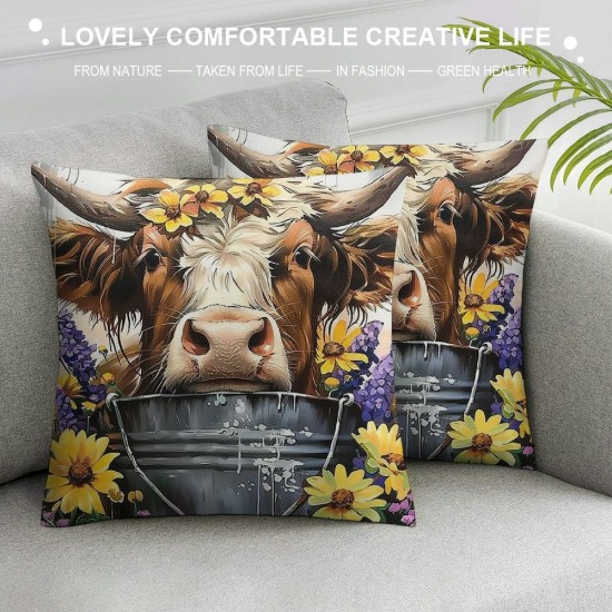 Qinduosi Highland Cattle Throw Pillow Covers " Set of  Yellow Sunflower Rustic Cushion Covers for Couch Sofa Cute Farm Animal Decorative Pillowcases Highland Cow Outdoor Pillows Covers