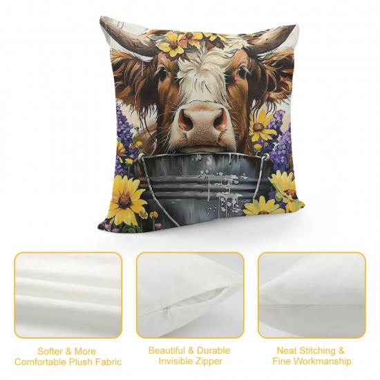 Qinduosi Highland Cattle Throw Pillow Covers " Set of  Yellow Sunflower Rustic Cushion Covers for Couch Sofa Cute Farm Animal Decorative Pillowcases Highland Cow Outdoor Pillows Covers