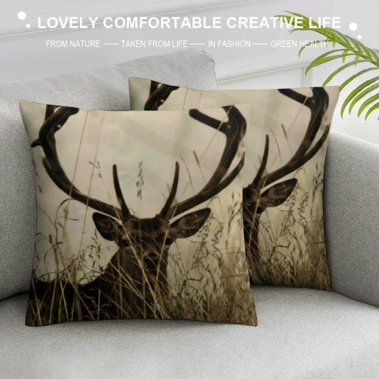 Stag Deer Throw Pillow Covers ,Whitetail Deer Fawn in Wilderness Linen Cushion Cases Decorative Pillow Cases for Couch Sofa Bedroom