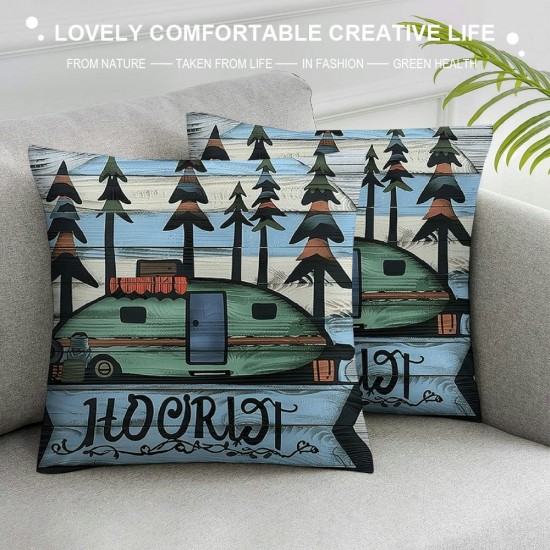 PHYHOO Kids Camping Pillow Covers, Old Barn Door Throw Pillow Covers, Woodland Camper Car Cushion Covers, Vintage Camping Theme Decorative Pillow Covers Bedroom Decor