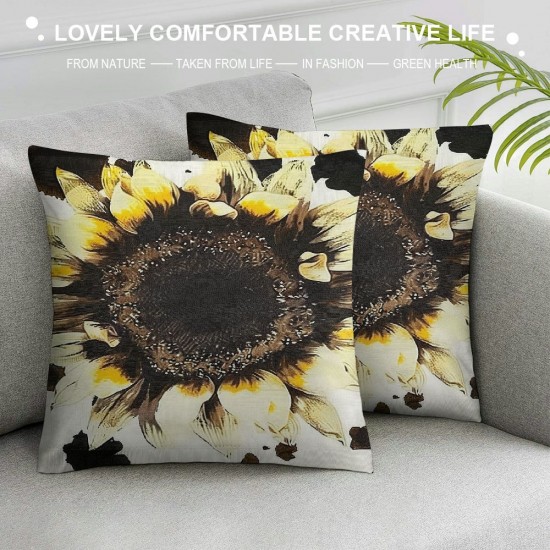 PHYHOO Cow Print Pillow Covers,White Brown Black Sunflower Throw Pillow Covers Bedroom Decor,Yellow Highland Cow Fur Cushion Cases,Farmhouse Animal Decorative Pillow Covers