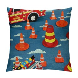 PHYHOO Fire Truck Pillow Covers,Kids Red Fire Engine Cushion Covers Cartoon Car Throw Pillow Covers for Bedroom Living Room,Cute Firemen Car Decorative Accent Pillow Cases,Blue