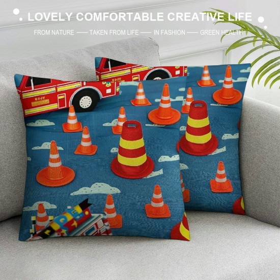 PHYHOO Fire Truck Pillow Covers,Kids Red Fire Engine Cushion Covers Cartoon Car Throw Pillow Covers for Bedroom Living Room,Cute Firemen Car Decorative Accent Pillow Cases,Blue