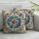 Boho Throw Pillow Covers , Bohemian Flowers Pillow Covers, Farmhouse Ethnic Abstract Cushion Covers, Blue Brown Geometric Exotic Cushion for