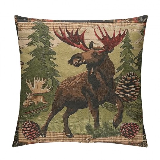 PHYHOO Rustic Moose Cushion Covers ,Countryside Theme Pillow Covers for Men Boys,Patchwork Buffalo Plaid Throw Pillow Covers,Boho Tribal Decorative Pillow Covers